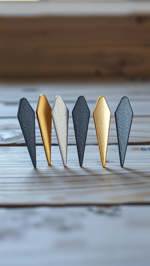 A set of textured coffin nails in black, gold, and silver with foil accents arranged neatly on a wooden surface.