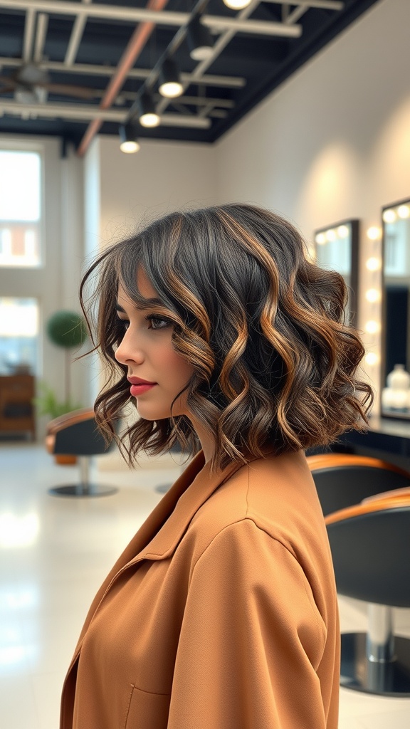A woman with a textured curly bob hairstyle, showcasing soft curls and warm hair tones in a salon setting.