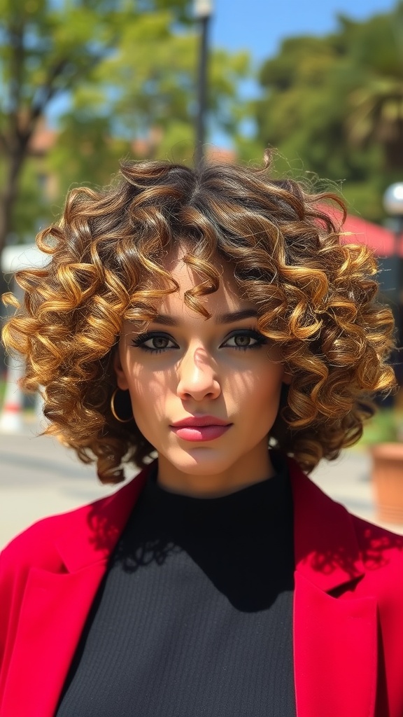 A woman with a textured curly bob hairstyle featuring highlights, wearing a red blazer and a black top.