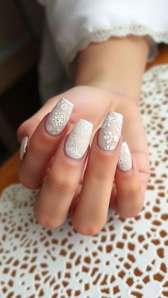 A close-up of short acrylic nails featuring textured white designs on a beige background
