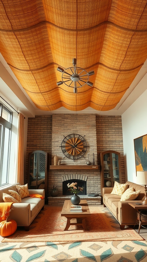 A living room with a textured fabric ceiling in orange, featuring cozy sofas, a wooden coffee table, and decorative elements like a pumpkin.