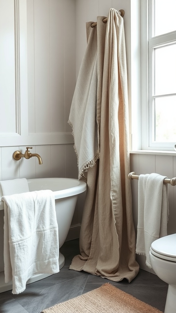 A modern farmhouse bathroom featuring textured fabrics, warm tones, and inviting elements.