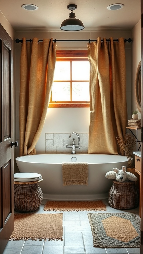 A rustic farmhouse bathroom featuring golden curtains, textured rugs, and a cozy atmosphere.