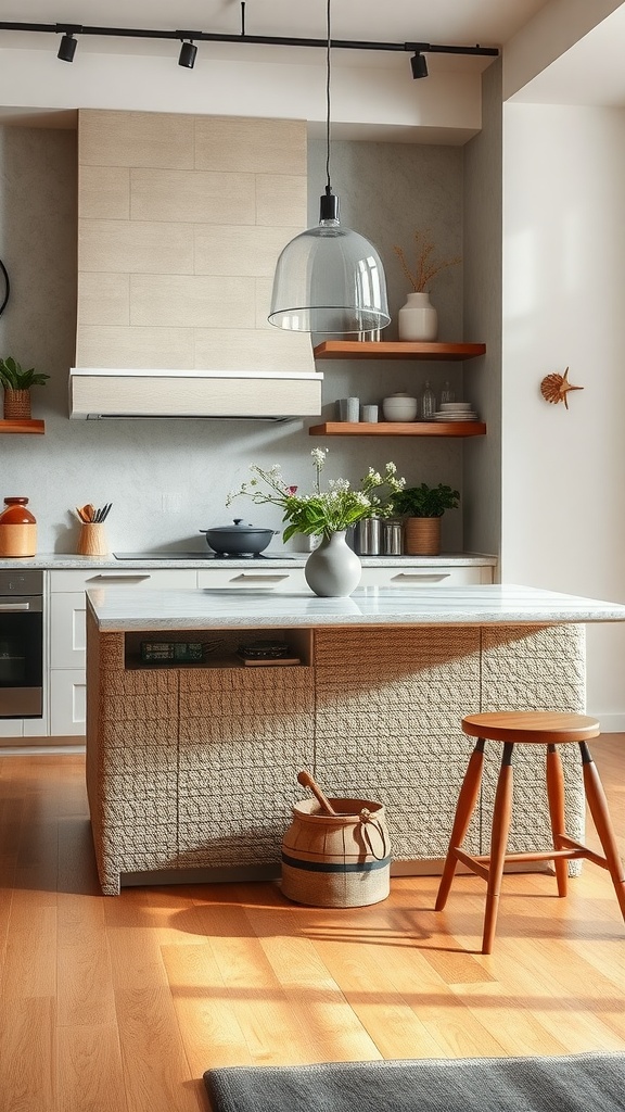 A kitchen island with a textured finish, featuring a marble top and wooden accents.