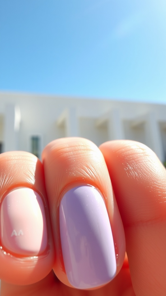 Close-up of nails featuring a matte pink nail and a glossy lavender nail under a bright blue sky.
