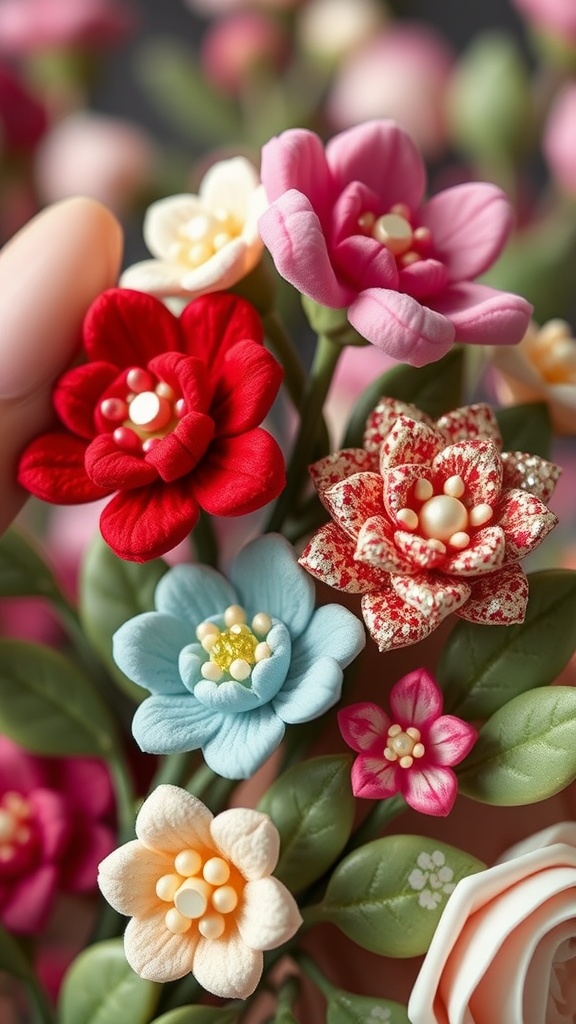 Close-up of almond nails featuring 3D floral designs in various colors.