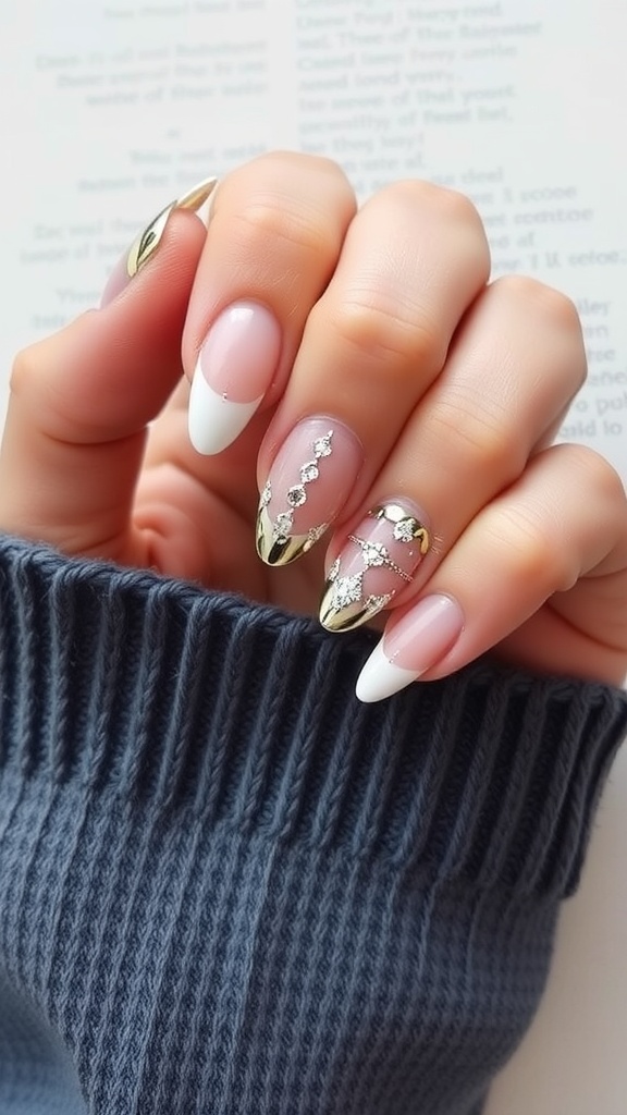 Close-up of a hand showing textured French nails with gold foil accents