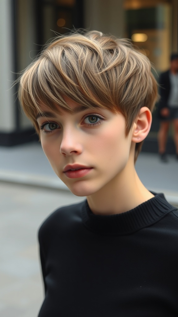 A young woman with a textured fringe and short hairstyle, looking stylish and modern.