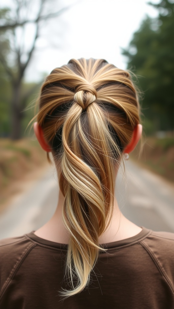 A woman with a textured frontal ponytail featuring highlights, styled neatly with loose strands.
