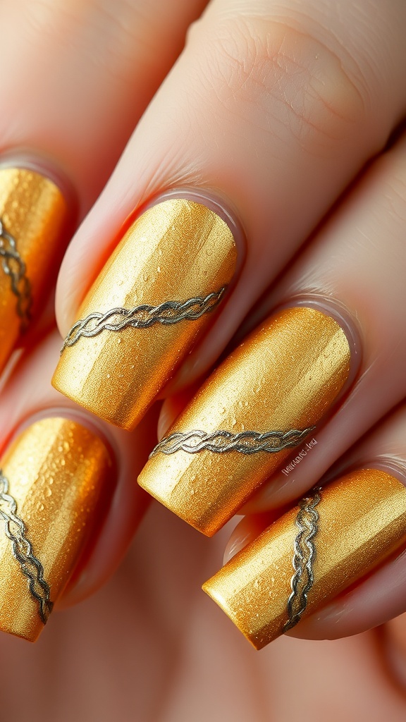 Close-up of textured gold accent nails with decorative silver detailing.