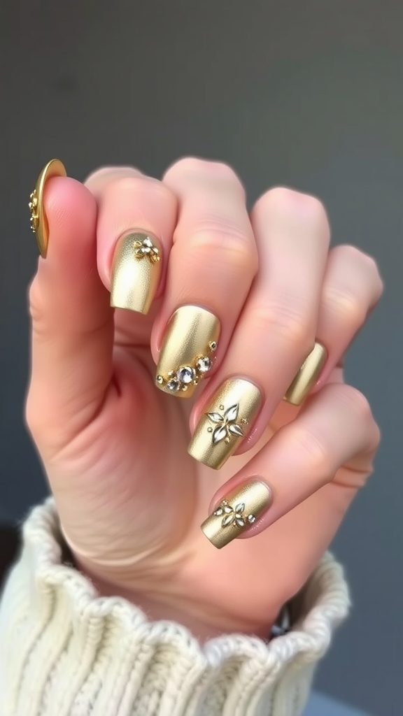 Close-up of textured gold almond nails decorated with gems and floral designs.