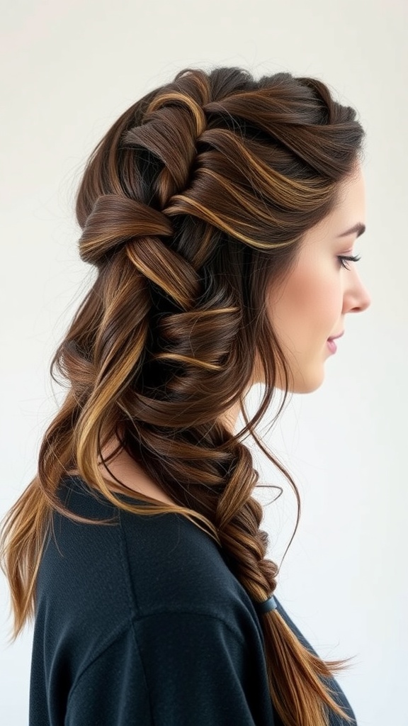 A side profile of a woman with a textured half braid hairstyle, featuring loose waves and highlights.