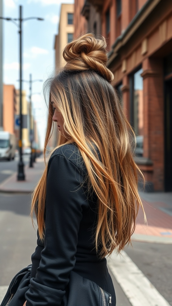 A woman with long, textured hair styled in a half up half down quick weave with a bun.