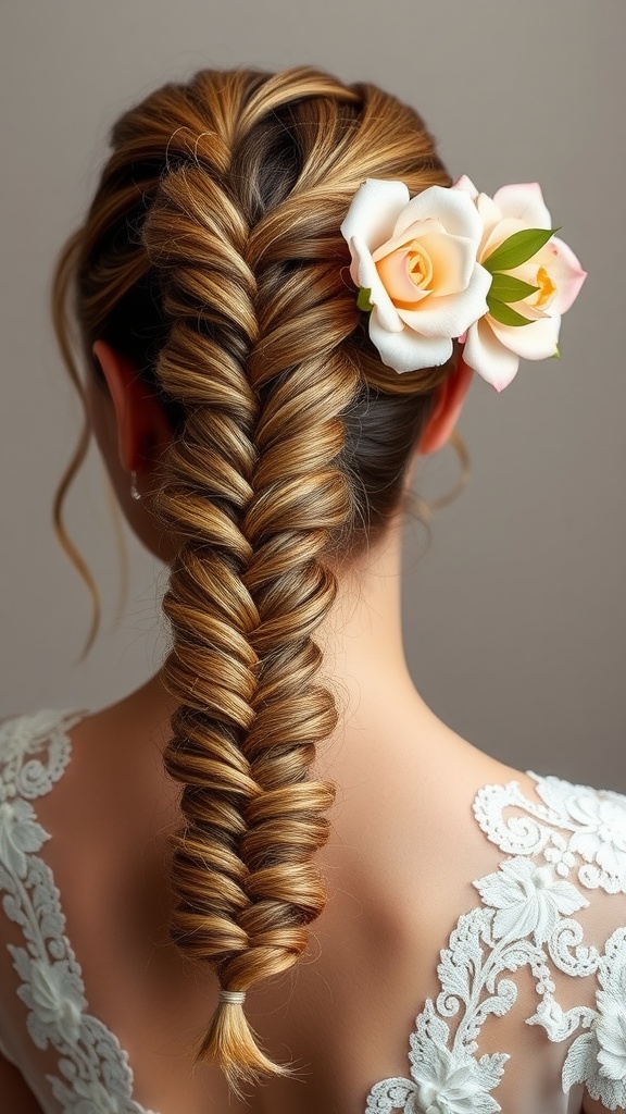 A textured high ponytail with braids, adorned with roses, suitable for weddings.