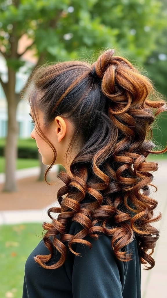 A woman with a high ponytail styled with bouncy curls, showcasing a vibrant and textured hairstyle.