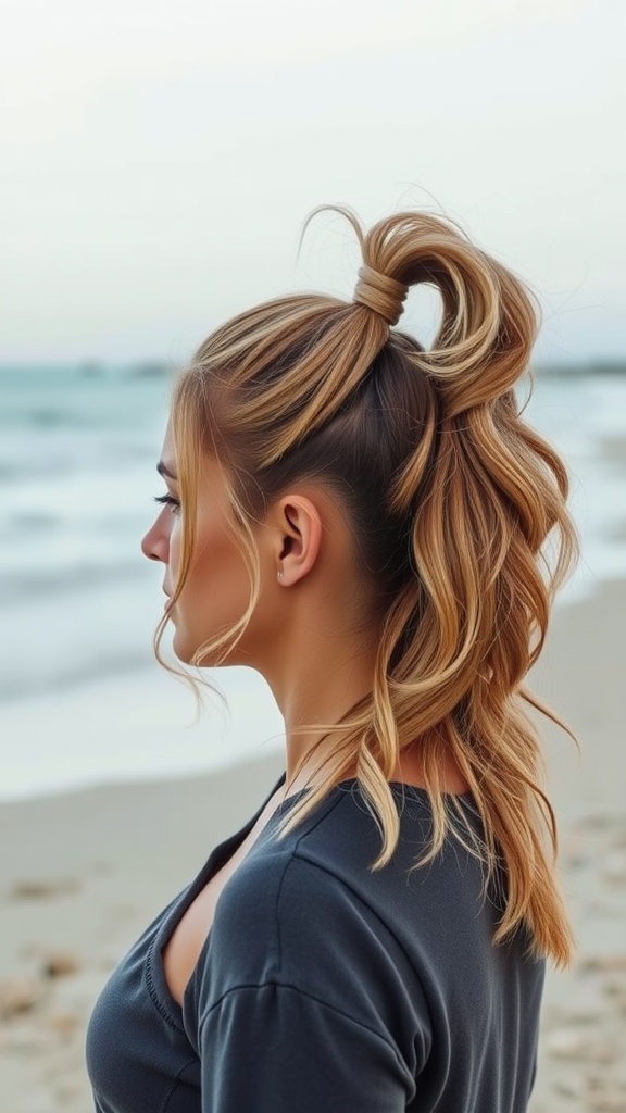 A woman with a textured high ponytail and waves, set against a beach background.