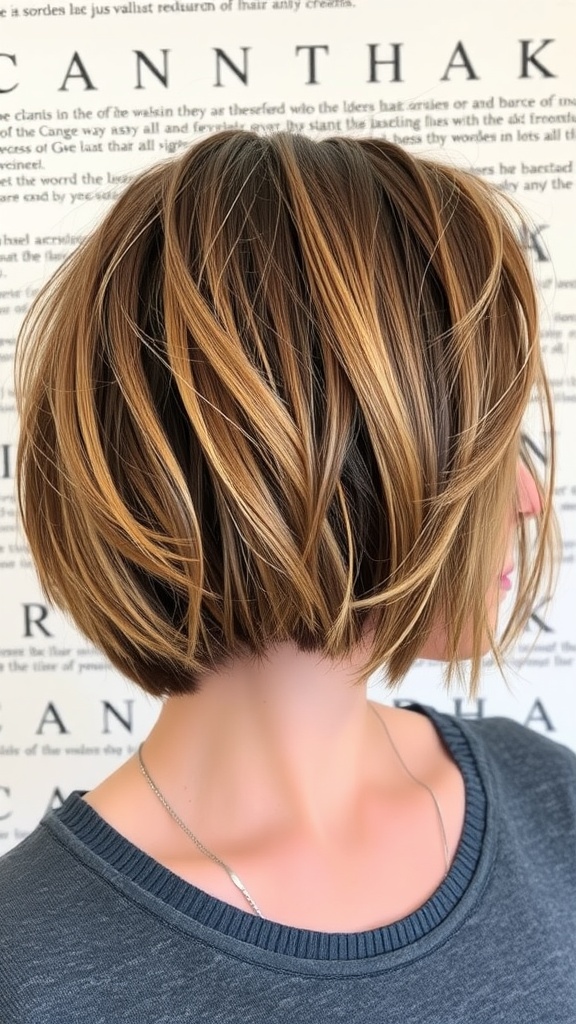 A woman with a textured layered bob hairstyle featuring soft layers and highlights.
