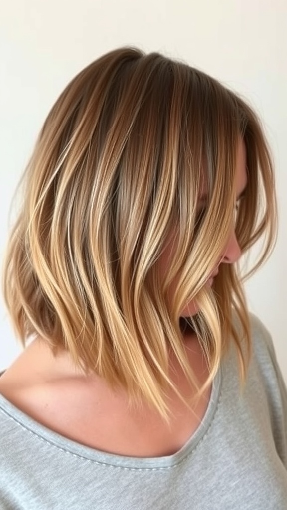 A textured layered bob hairstyle with soft waves, ideal for thin fine hair.