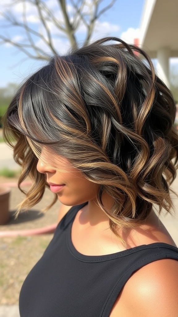 A woman showcasing a textured layered weave hairstyle with soft waves and highlights.