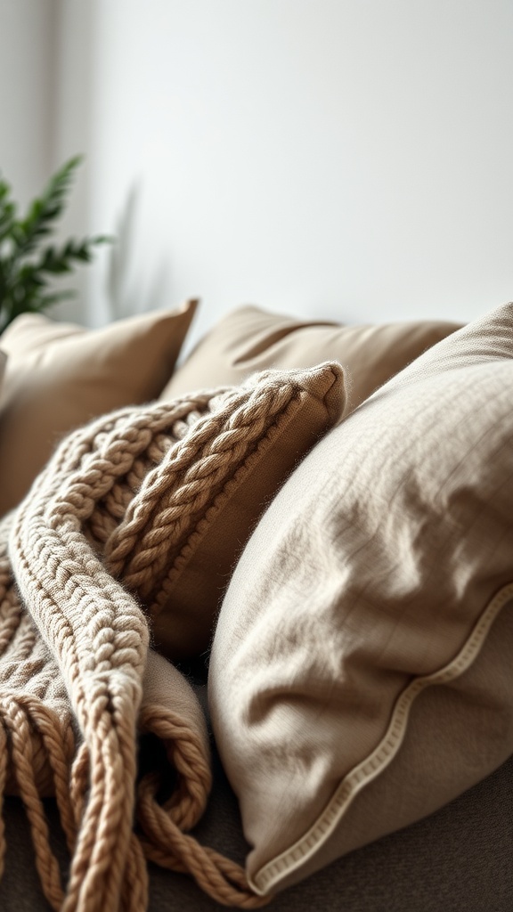 A cozy minimalist living room with textured pillows and a knitted throw.
