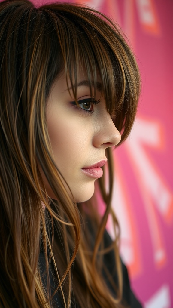 A woman with a long mullet hairstyle featuring textured layers, highlighting her profile against a colorful background.