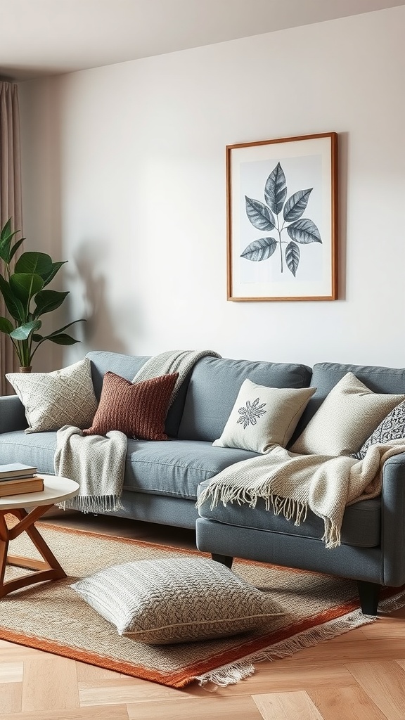 A cozy living room featuring a grey sofa with various textured pillows and throws, a wooden coffee table, and a patterned rug.