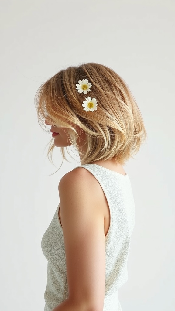 A woman with a textured bob hairstyle, adorned with flowers, showcasing movement and volume.