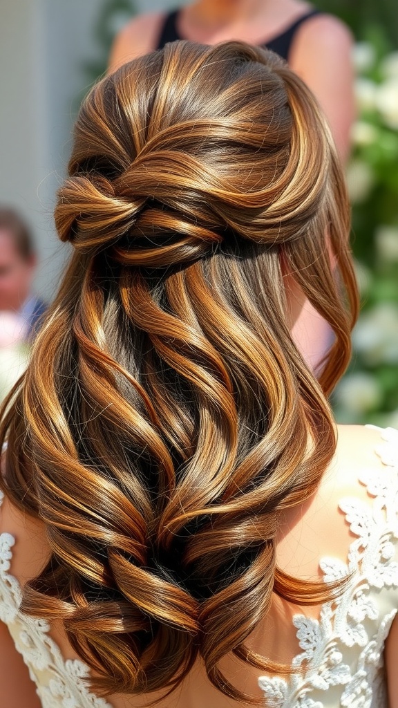 A beautiful half-up half-down wedding hairstyle featuring textured layers and soft curls.