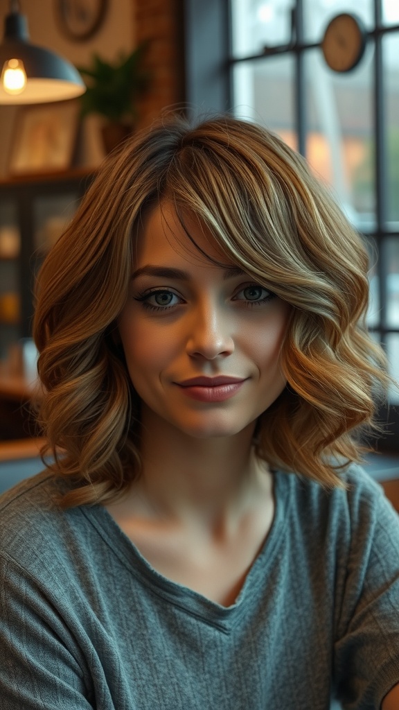 A woman with a textured lob cut, featuring soft waves and a natural look.