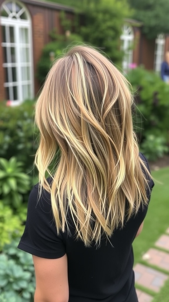 A woman with a textured long bob hairstyle and highlights, showcasing movement and dimension, set against a garden background.