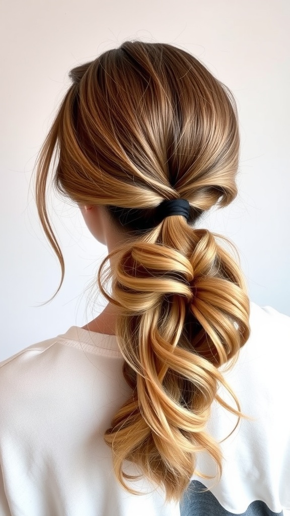 A textured low ponytail hairstyle featuring loose waves, secured with a black hair tie, showcasing soft curls.