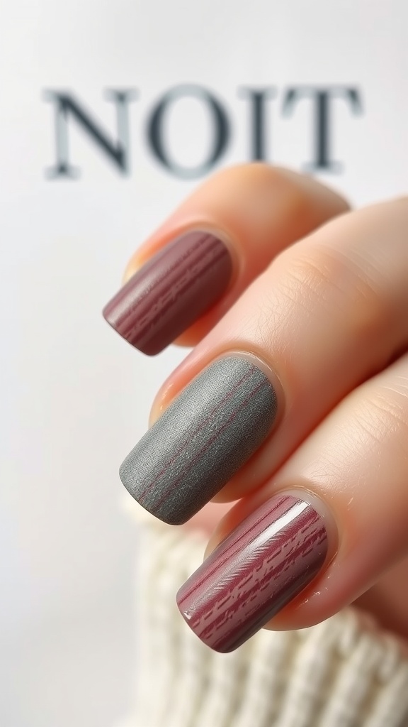 Nail art featuring a textured matte gray and glossy burgundy combination.