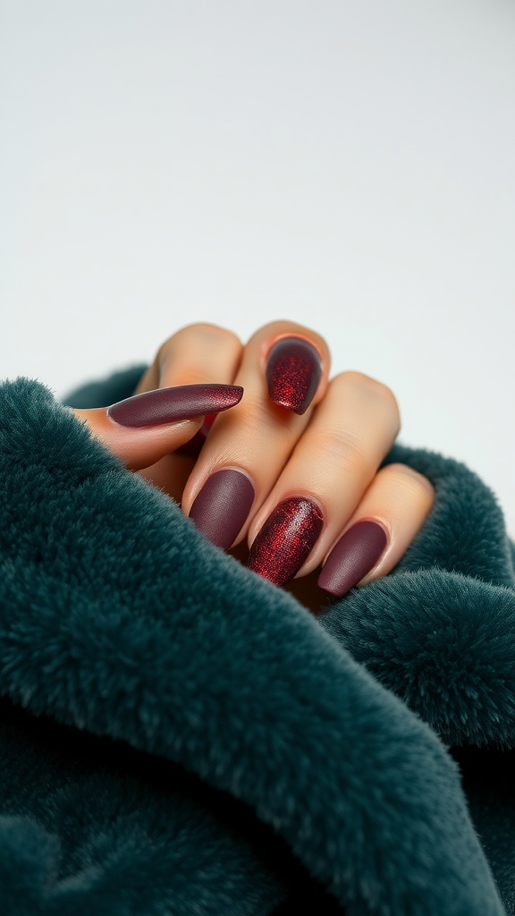 A hand with textured matte finish nails in burgundy and red sparkles, wrapped in a soft teal fabric.
