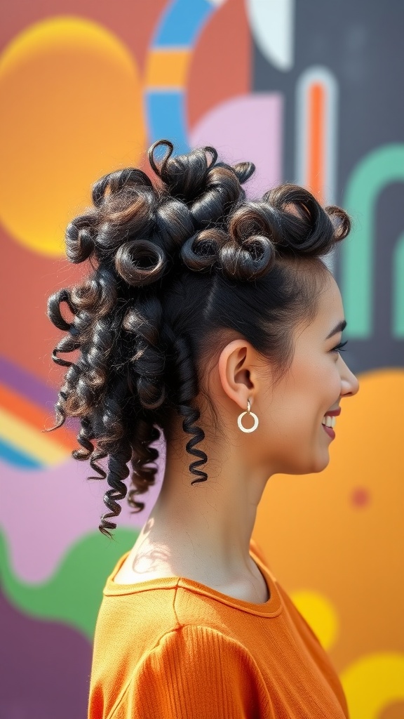 A woman with a textured mid ponytail featuring bouncy curls, showcasing a stylish and vibrant look.