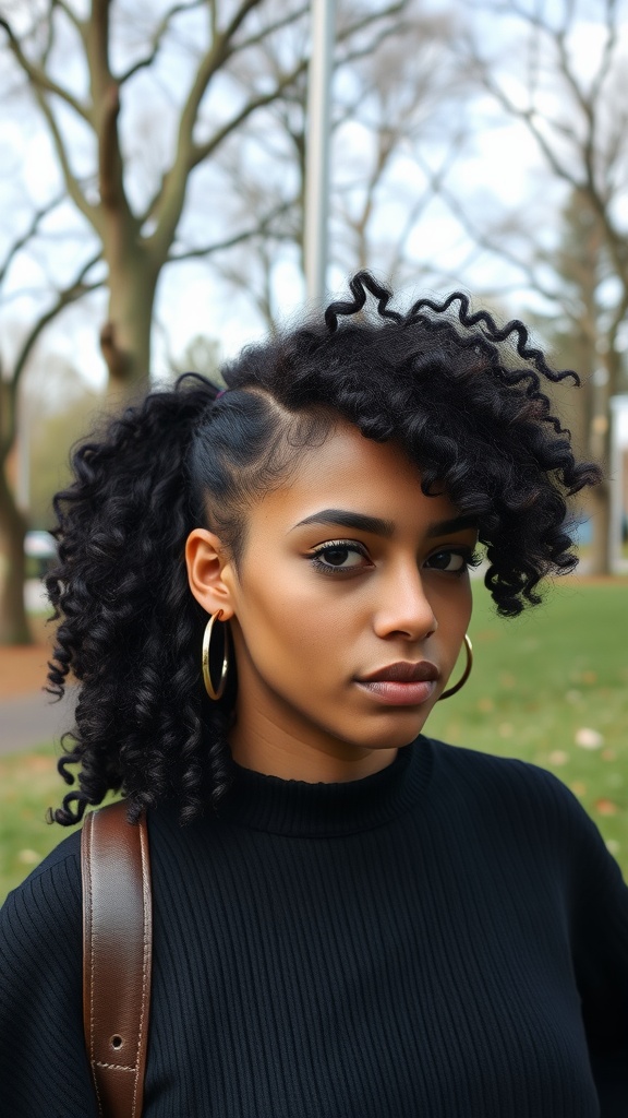 A woman with curly hair styled in a textured mullet, showcasing defined curls and a confident expression.