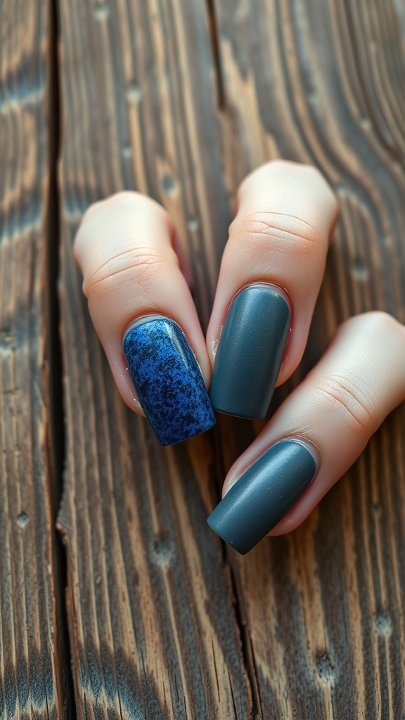 Close-up of textured nail art with a combination of navy blue and gray nails