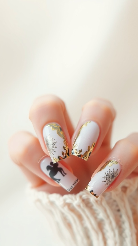 Close-up of stylish square-shaped nails featuring white base color with gold accents and intricate designs.