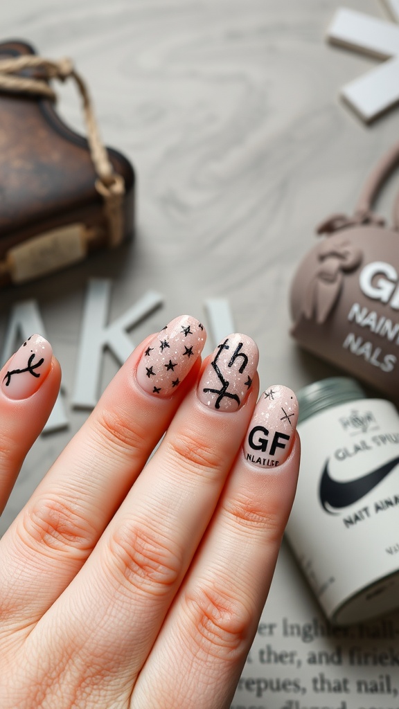 Close-up of textured nail art featuring soft pink base with black star patterns and lettering.