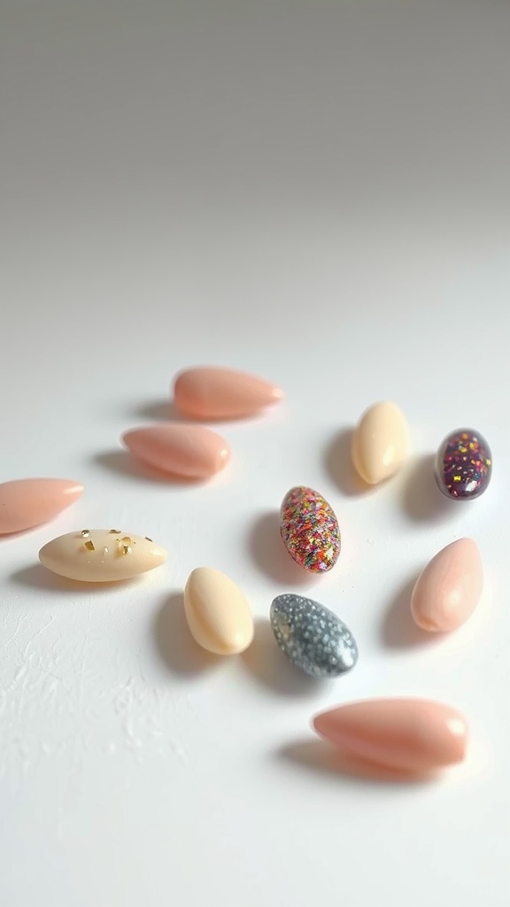 A collection of short almond nails in various textures and colors.