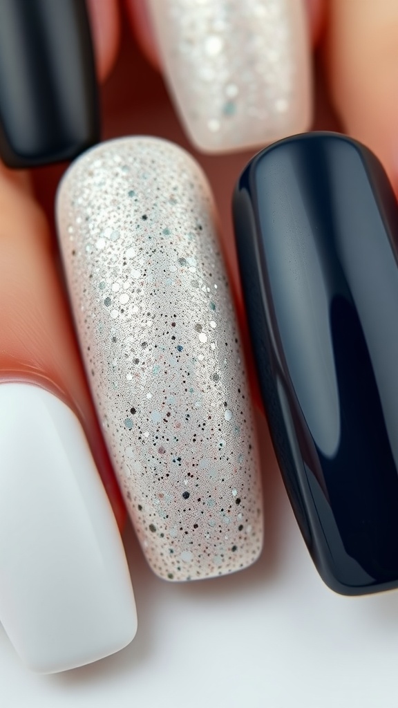 Close-up of textured nail enhancements featuring glittery, glossy, and matte finishes.