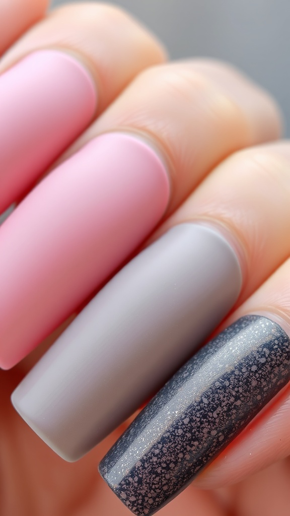 A close-up of textured nails in pink, gray, and black finishes.