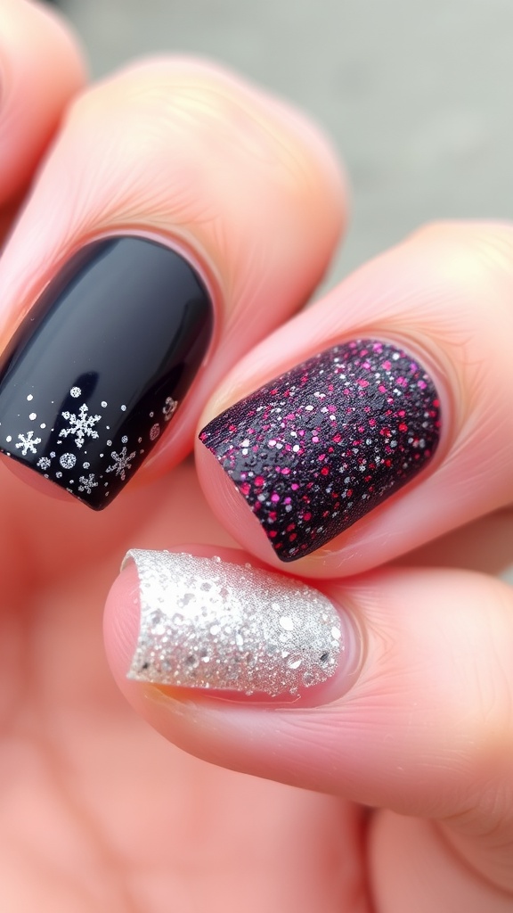 Close-up of short nails with textured designs including glossy black, glittery purple-pink, and sparkling silver.