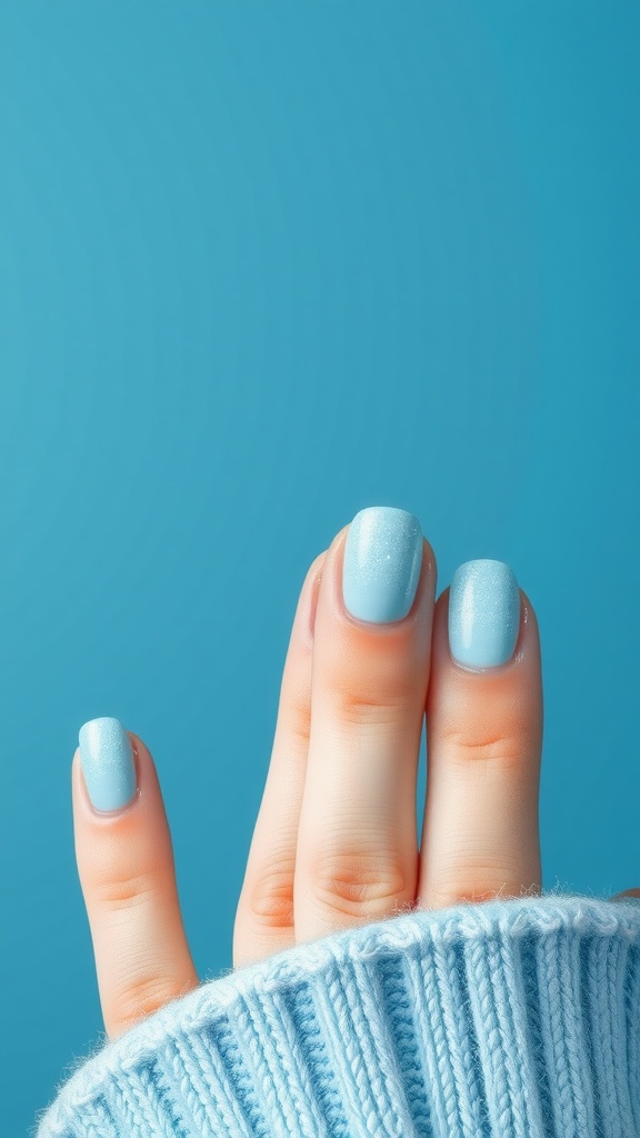 Light blue textured ombre nails with a cozy sweater in the background