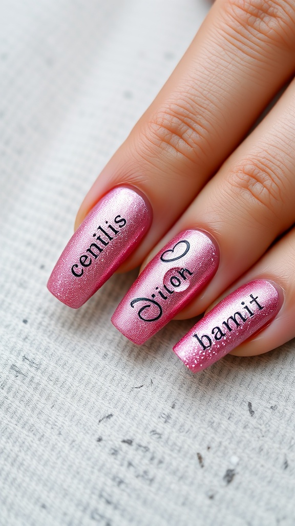 Close-up of textured pink chrome nails with words and a shiny finish
