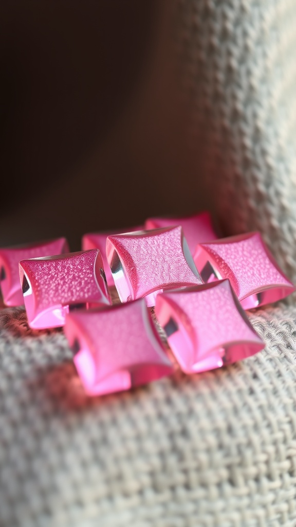 Close-up of textured pink chrome nails