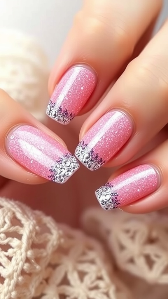 Close-up of textured pink nails with chrome highlights and rhinestones.