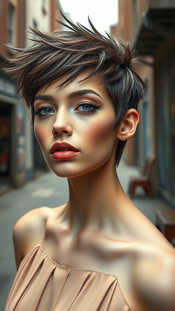 A model with a textured pixie cut, featuring short, layered hair styled for volume and movement.