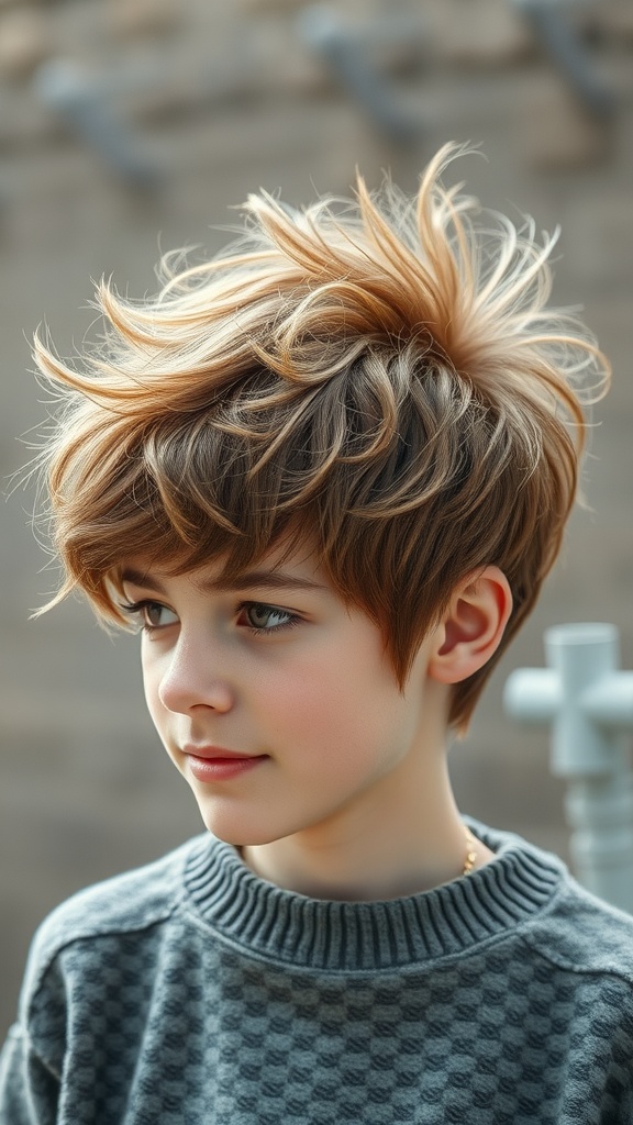 A young person with a textured pixie cut, featuring soft, tousled layers and a playful style.