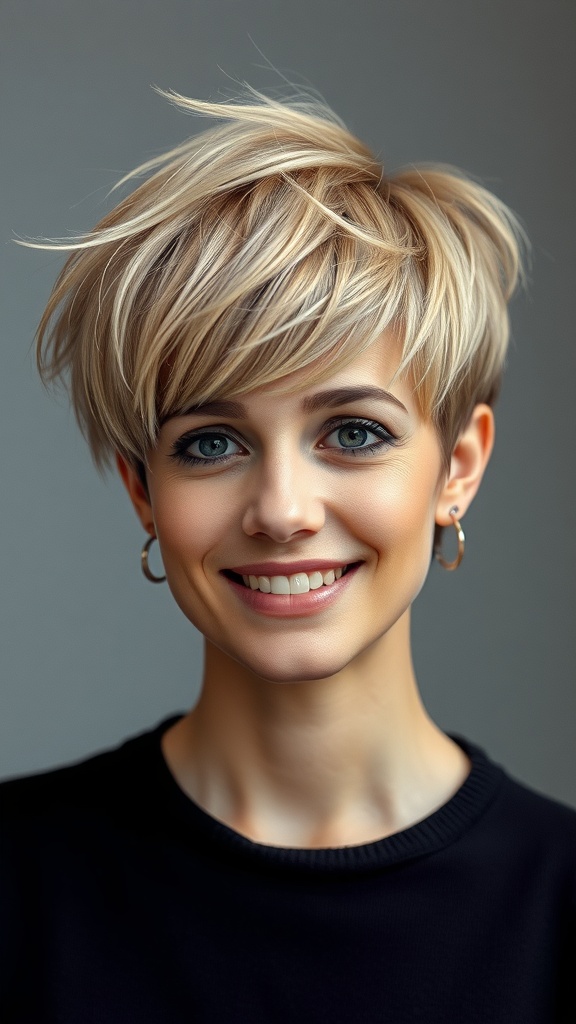 A woman with a textured pixie cut, featuring soft layers and a bright blonde color, smiling warmly.