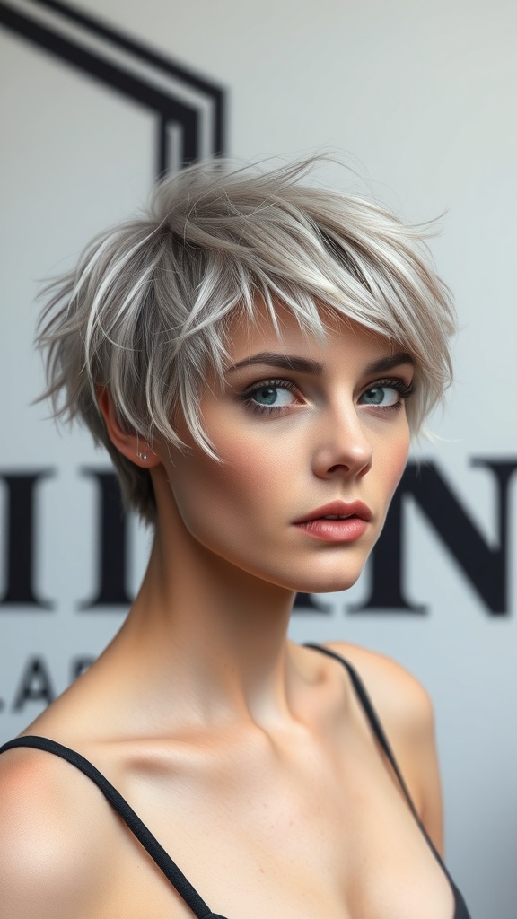 A woman with a textured pixie cut, showcasing light-colored hair styled in layers, giving a modern and playful look.